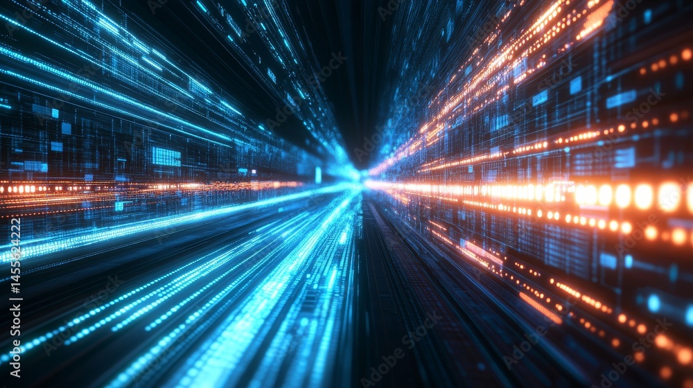 Poster vibrant digital light trails create a sense of speed and movement in a futuristic cyber environment 