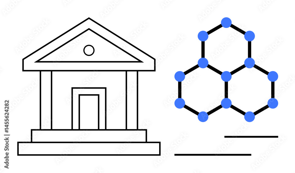 Poster classical government building alongside blockchain structure with nodes showcasing contrast of tradi