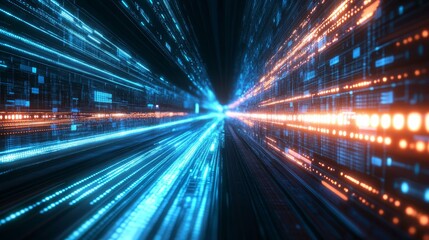 Fototapeta premium Vibrant Digital Light Trails Create a Sense of Speed and Movement in a Futuristic Cyber Environment Filled With Blue and Orange Colors
