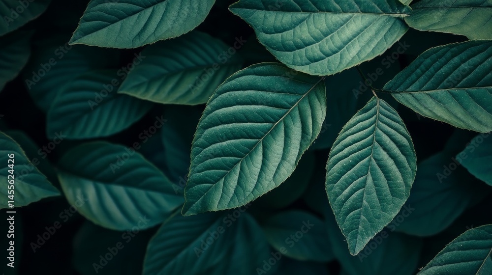 Poster close-up of lush dark green leaves showcasing intricate textures and patterns in a natural setting d