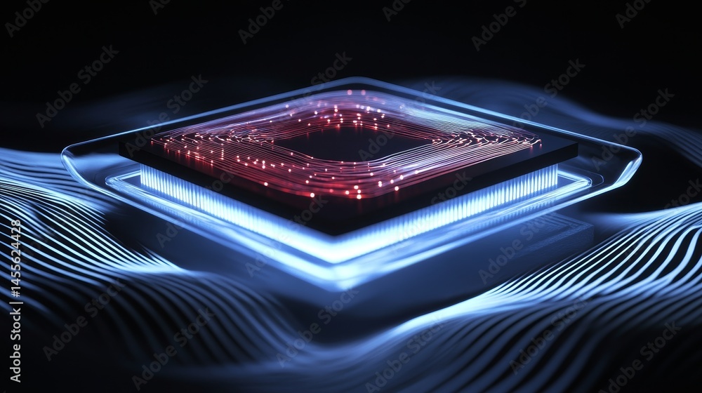 Poster modern microprocessor technology showcasing intricate wiring and luminous design in a futuristic set