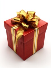 Obraz premium Elegant Gift Box with Golden Ribbon and Bow Isolated on White Background for Special Occasions