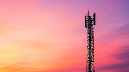 Colorful Sunset Casting Vibrant Hues Behind a Tall Cell Tower in an Urban Area, Showcasing the Intersection of Technology and Nature's Beauty