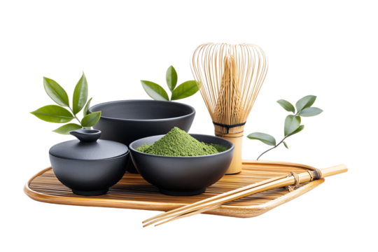 Matcha Tea Ceremony Preparation: Dark Bowls, Wooden Tray, and Bamboo Whisk, PNG