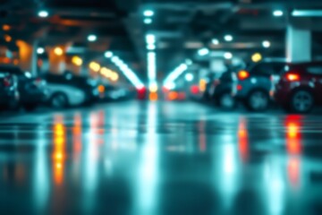 Cool Blue Toned Abstract Blurred Parking Garage at Night with Reflections on a Wet Floor, Moody Urban Scene for Transportation and City Concepts, Focus on Light and Atmosphere