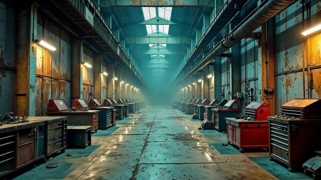 Deserted Industrial Warehouse with Workbenches and Tool Chests