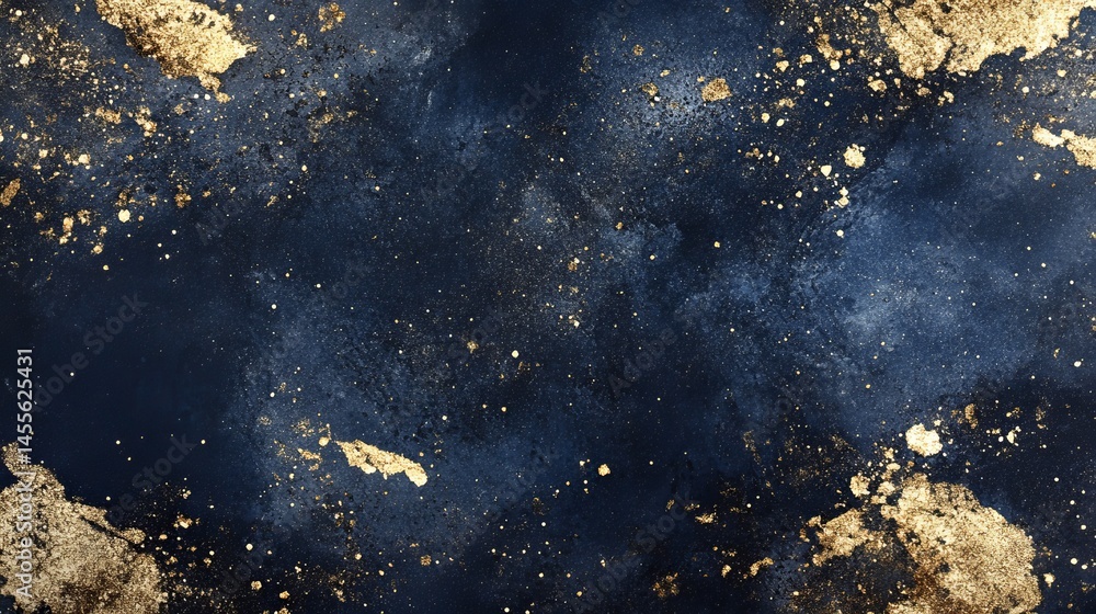 Poster elegant dark blue and gold abstract art with splashes and textures creating a luxurious and striking
