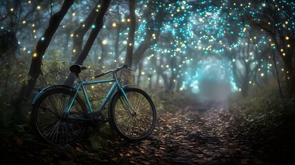 Fototapeta premium A vintage bicycle rests in a magical forest pathway.