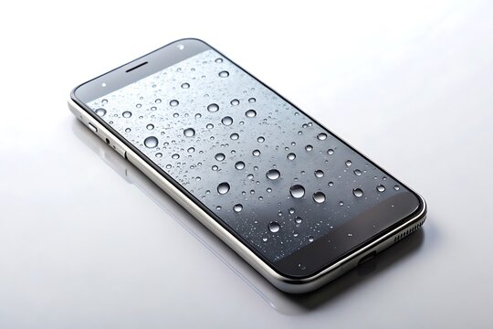 Modern smartphone covered with water droplets, suggesting water resistance and technology