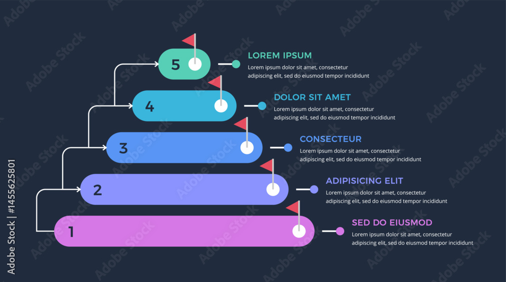 Poster pyramid diagram template with five elements connected with arrows, dark background, vector eps10 ill