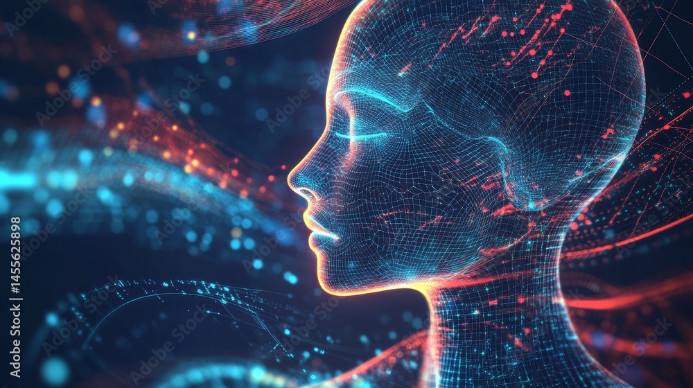 Poster digital representation of a human head with glowing neural connections and data streams, showcasing 