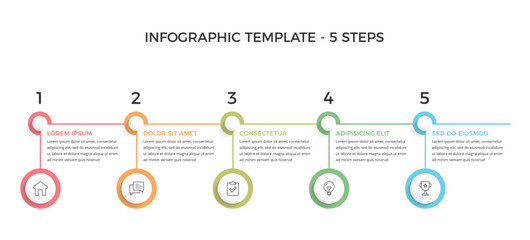 Modern five-step infographic template with numbered sections and circular icons, vector eps10 illustration