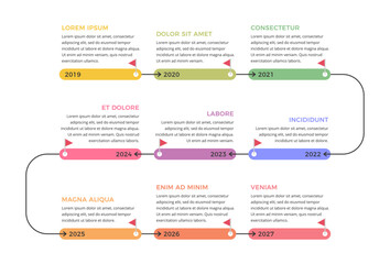 Timeline infographic template with 9 elements and arrows guiding the progression, vector eps10 illustration