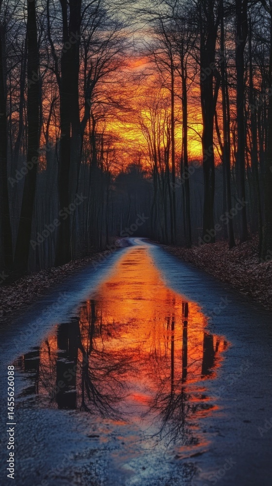 Poster forest path at sunset with puddle reflection of sky and trees in autumnal scene