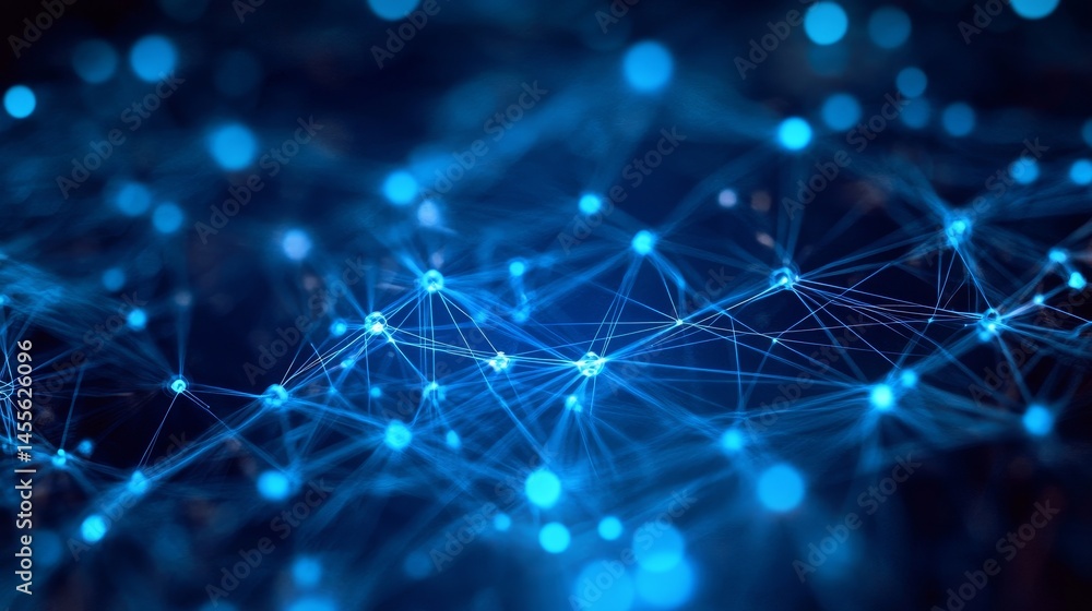 Poster innovative technology network showcasing interconnected nodes and lines in a digital environment wit