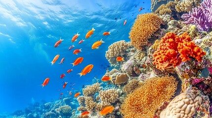 Obraz premium Vibrant coral reef teeming with colorful fish. Sunlight filters through the water, illuminating a diverse array of coral formations