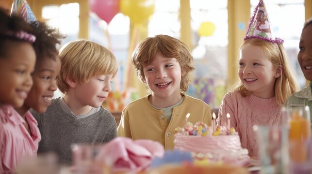 Group of children celebrating a birthday party together.
