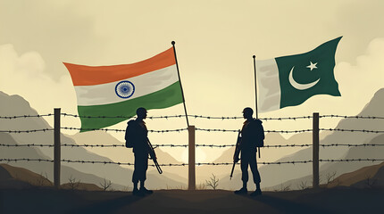 Fototapeta na wymiar Map India Pakistan War Border Attack Weapon Nuclear Indian VS Pakistani Battle, silhouetted soldiers, and a barbed wire fence emphasizing the ongoing tension