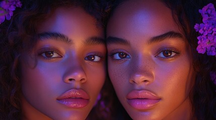 Naklejka premium Close-up portrait of two women with floral headpieces, glowing skin