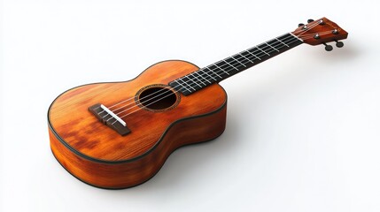 Fototapeta premium Wooden ukulele with visible grain, isolated on white background. Use for music, instrument, or Hawaiian culture-themed sites/blogs.