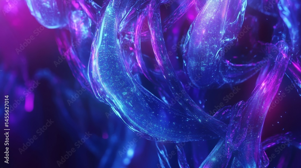 Poster colorful abstract representation of flowing liquid forms illuminated by vivid light in a dark enviro