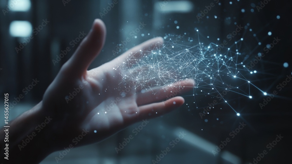 Poster digital hand interacting with virtual connections in an abstract setting depicting advancements in t