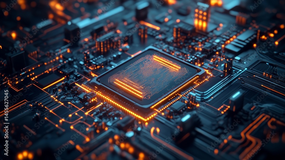 Poster close-up view of a glowing microchip in a detailed circuit board during nighttime, showcasing advanc