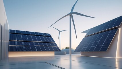 Modern Sustainable Energy Facility with Solar Panels and Wind Turbines