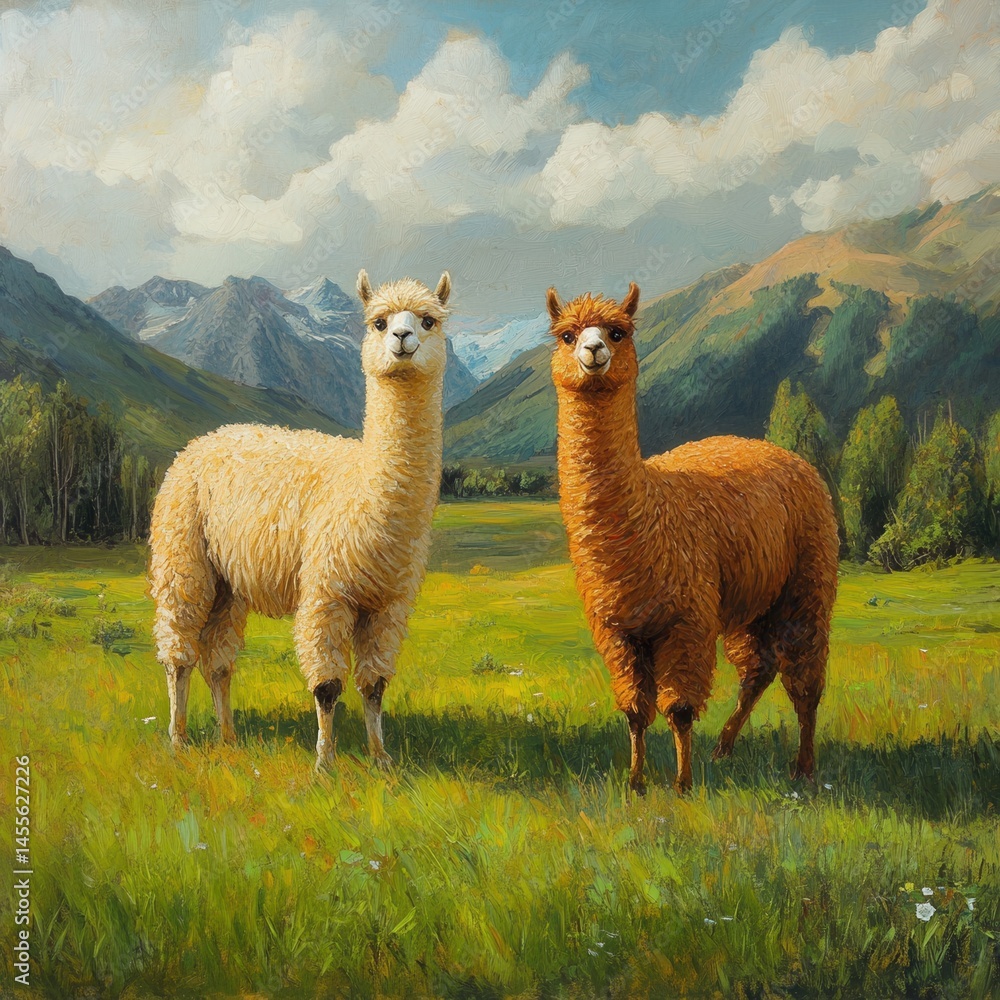 Poster two alpacas in a green field with mountains and trees in the background artwork