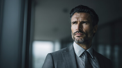 Fototapeta premium Confident businessman in formal attire, poised and professional. Leadership and success in the modern corporate world.