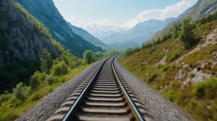 Fototapeta premium Scenic railway tracks winding through lush mountains under a clear blue sky during daylight hours