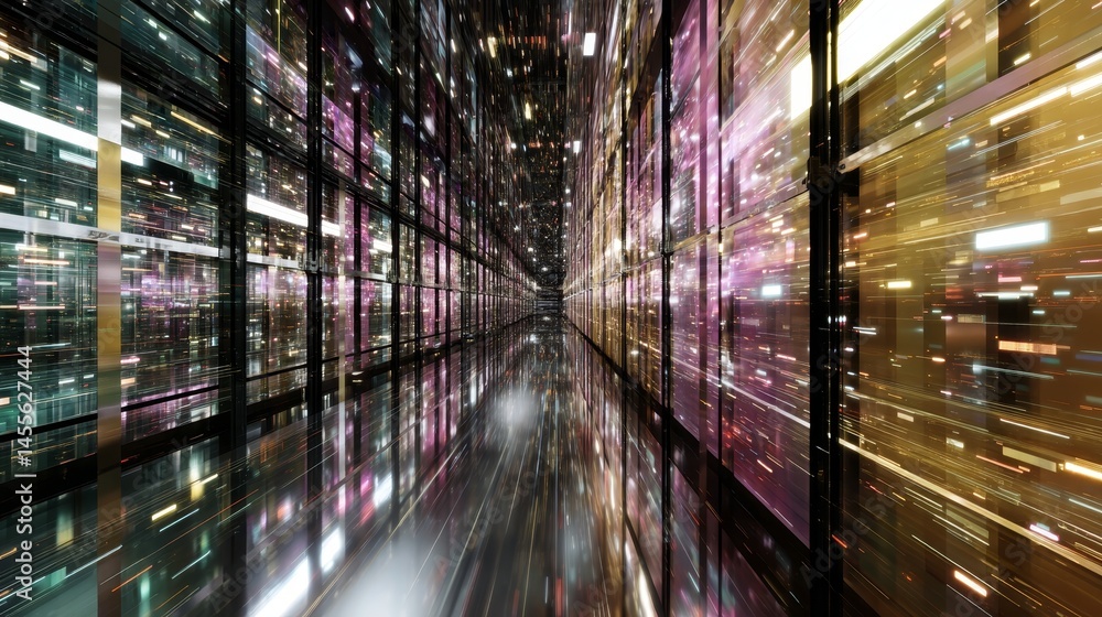 Fototapete Visual representation of a conceptual quantum computer with illuminating qubits and fast-changing circuits, set in a futuristic technological space