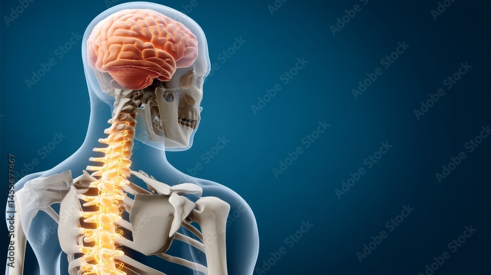 Aufkleber a striking 3d representation of a full human skeleton features a glowing spinal cord and illuminated