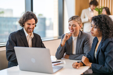 Positive work culture, diverse collaboration and friendly corporate environment, team meeting scene, perfect for employer branding, HR marketing and inclusive workplace promotion at office