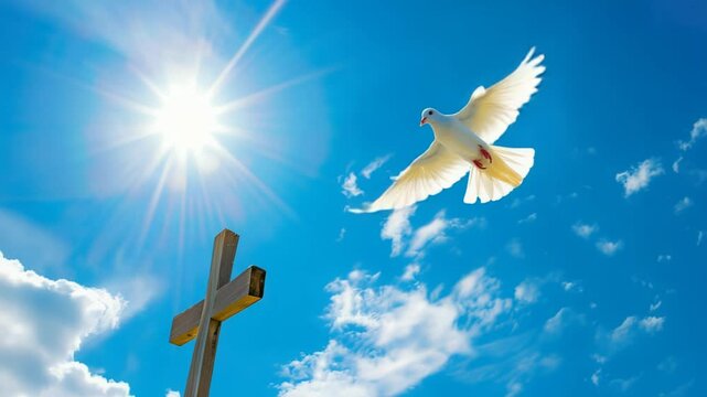 White dove ascends with sunlit cross against vibrant blue sky