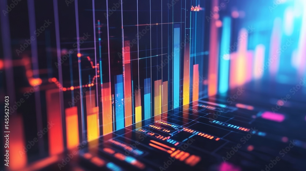 Poster visual representation of data trends with vibrant bars and lines in a futuristic digital setting at 
