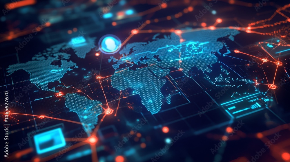 Poster Digital World Map With Glowing Connections and Data Points Representing Global Networking and Technology Trends in a Cyber Environment