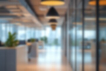 Warm Abstract Blurred Modern Office Interior with Pendant Lights, Creating a Soft and Inviting Workspace Atmosphere for Business and Creative Concepts, Soft Focus