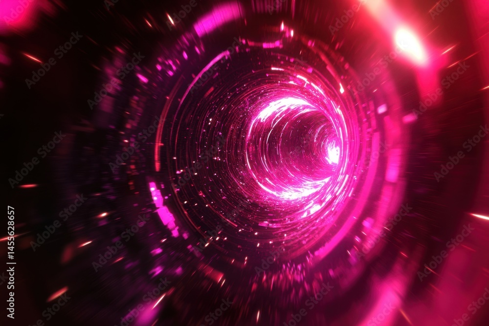 Poster abstract pink light tunnel with motion blur effect creating a futuristic space travel scene