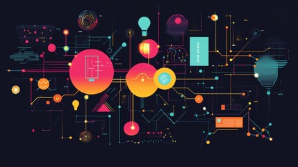 Obraz premium Colorful Abstract Digital Design Showcasing Technology and Innovation With Circuits, Lights, and Geometric Shapes in Vibrant Hues
