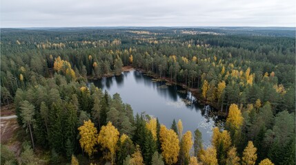 Fototapeta premium Vibrant autumn colors reflect on a peaceful forest lake, with drifting leaves enhancing the serene atmosphere under cloudy skies. Copy space is available for text