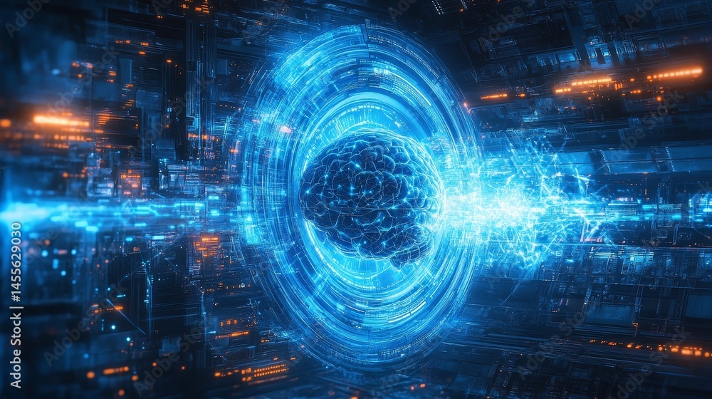 Aufkleber exploration of advanced technology and artificial intelligence in a digital landscape with a glowing