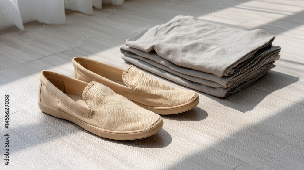 Fototapete a pair of beige canvas loafers is placed beside a neatly folded stack of gray linen fabric, all bath