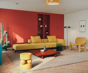 Vibrant contemporary living room featuring a bold red accent wall, mustard yellow modular sofa, and playful modern furniture, 3d rendering 

