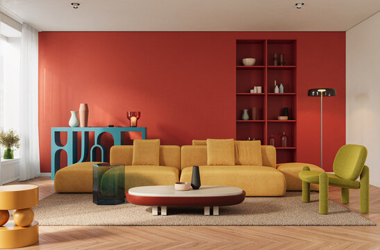 Vibrant contemporary living room featuring a bold red accent wall, mustard yellow modular sofa, and playful modern furniture, 3d rendering 

