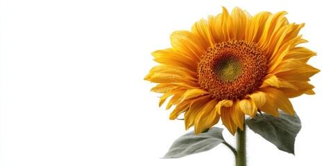 Single yellow sunflower with green stem/leaves on white background. Use for gardening sites, florists, or summer themes.