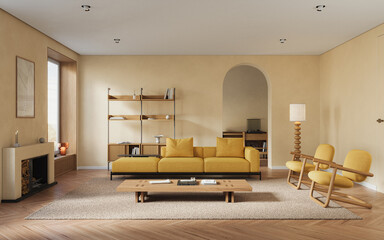 Cozy home interior in light pastel colors with hardwood flooring and arched wall, 3d rendering