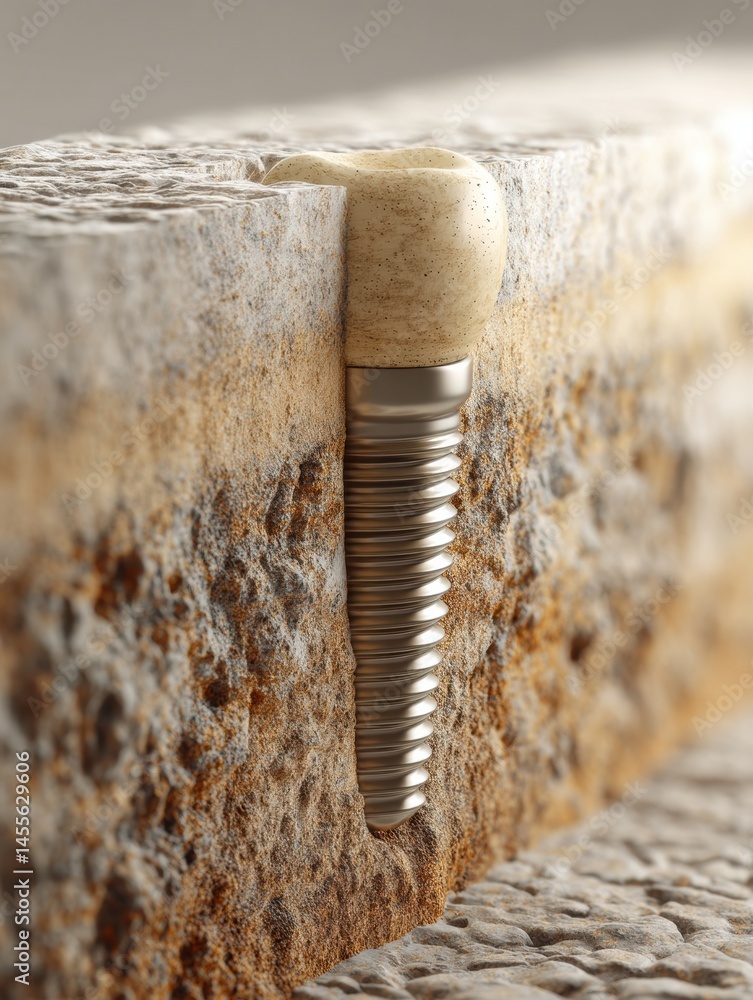 Poster implant embedded in natural bone texture showcasing detailed macro close-up for dental or orthopedic