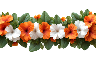 A garland made of white, orange, and green flowers with red elements reminiscent of the Indian flag, on a transparent background.png