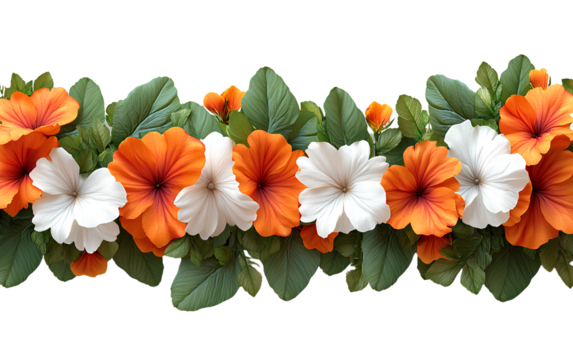 A garland made of white, orange, and green flowers with red elements reminiscent of the Indian flag, on a transparent background.png